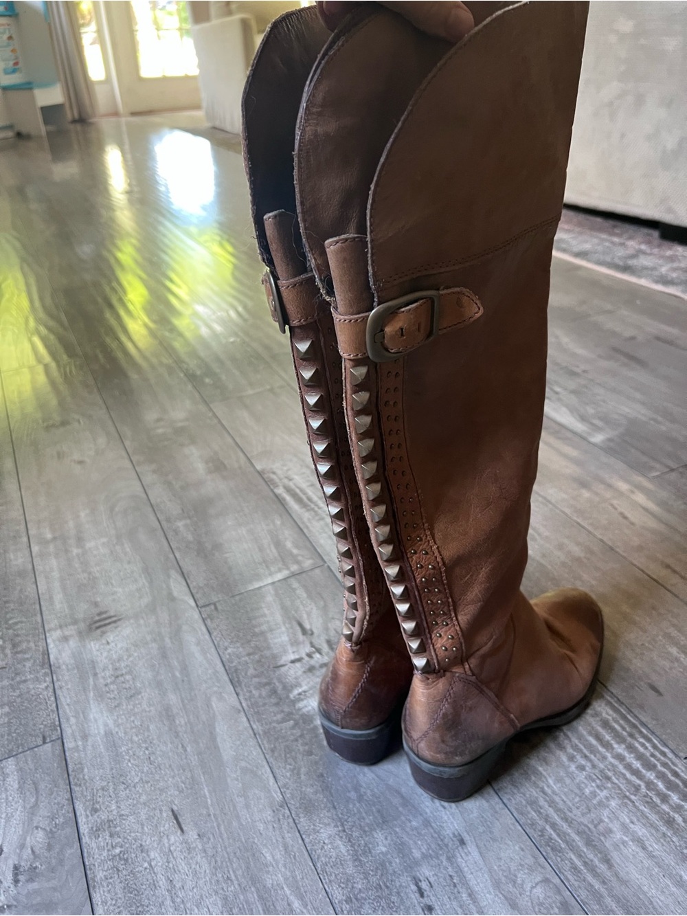 Vince Camuto Brown Stud-Trim Knee-High Heeled Boots